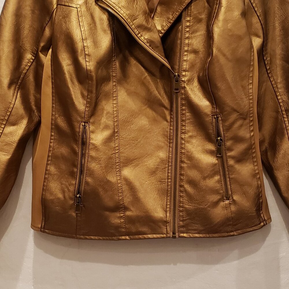 Baccini Bronze Gold Faux Leather Moto Biker Jacket Womens Large - Picture 3 of 10
